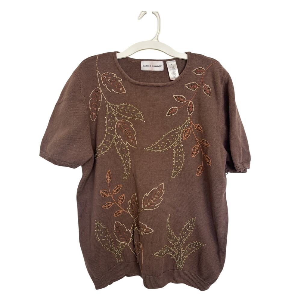 90s Leaf Embroidered Sequin Bead Ramie Cotton Brown Short Sleeve S/M